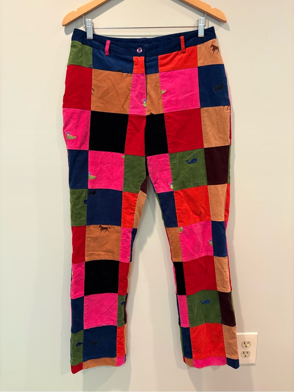 Lilly Pulitzer Preppy Patchwork Corduroy Pants Sz 10 Embroidered Animals